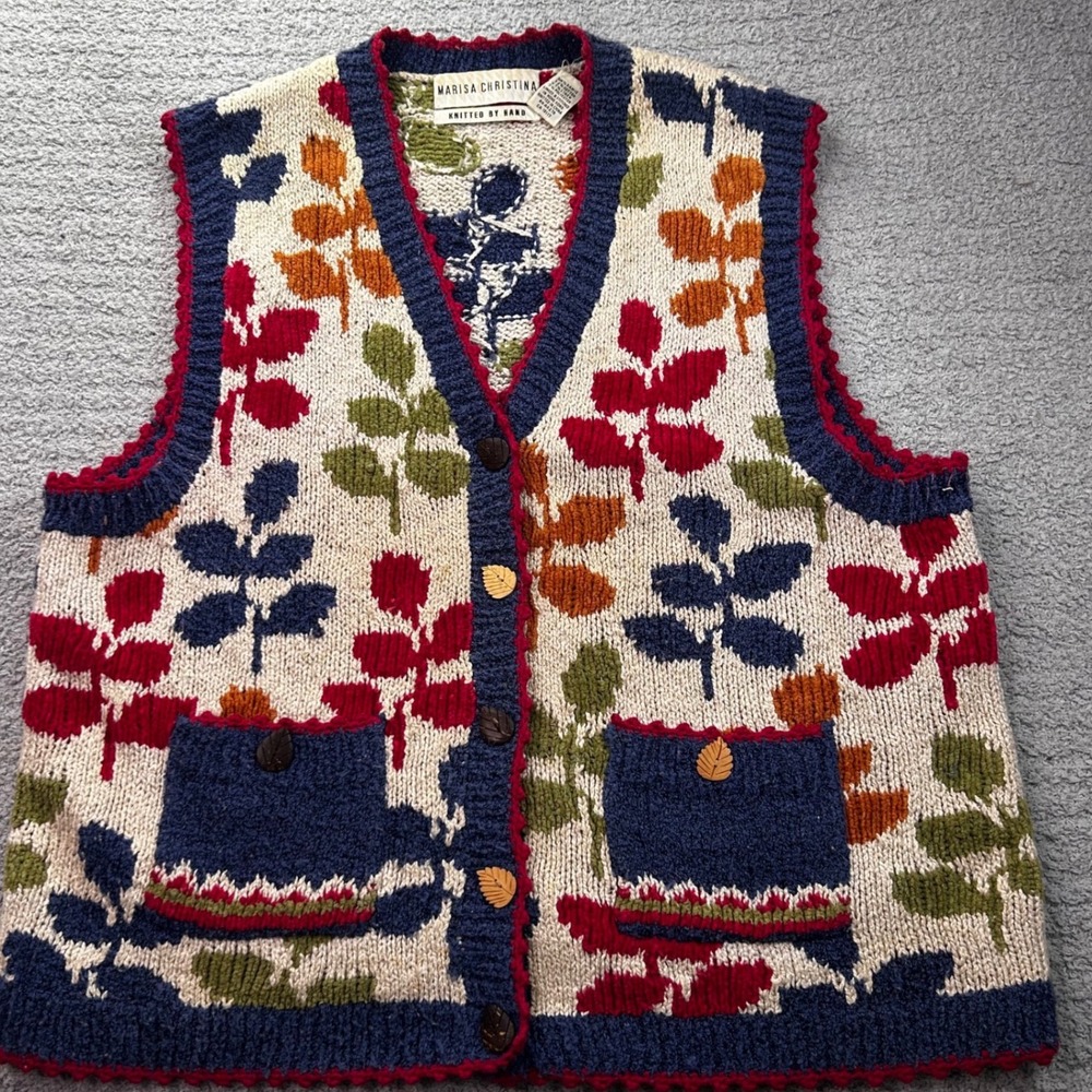 VTG Marisa Christina Hand Knit Autumn Leaf Sweater Vest L Cottagecore Crochet